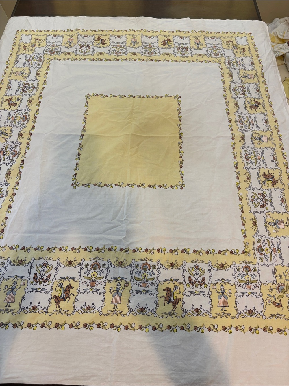 Vintage Yellow and White Printed Tablecloth - Decorative Home Dining Linen